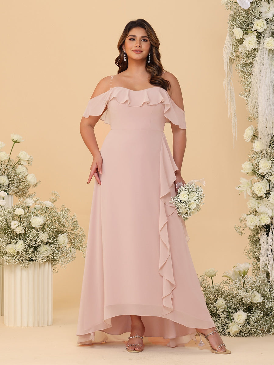 Nafori Blush Pink A-Line/Princess Off-the-Shoulder Plus Size Bridesmaid Dresses with Ruffles 2026