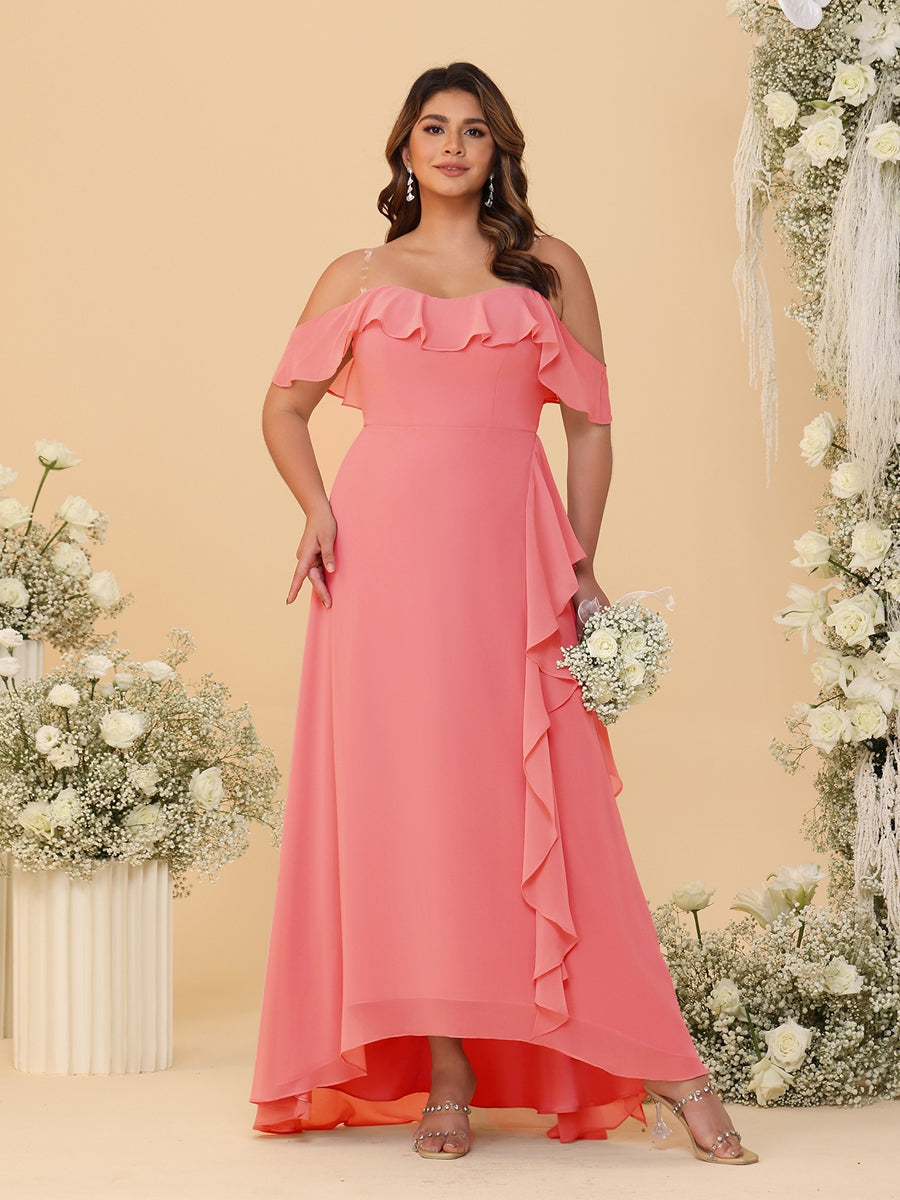 Nafori Coral A-Line/Princess Off-the-Shoulder Plus Size Bridesmaid Dresses with Ruffles 2026