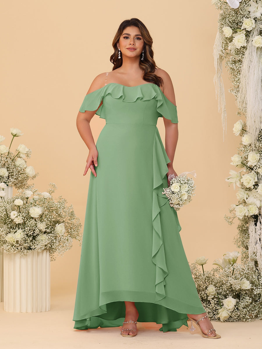 Nafori Olive Green A-Line/Princess Off-the-Shoulder Plus Size Bridesmaid Dresses with Ruffles 2026