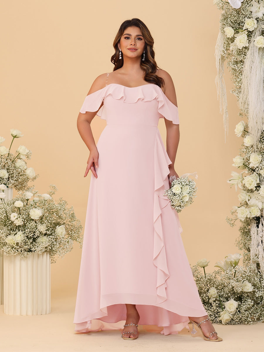 Nafori Blush Pink A-Line/Princess Off-the-Shoulder Plus Size Bridesmaid Dresses with Ruffles 2026