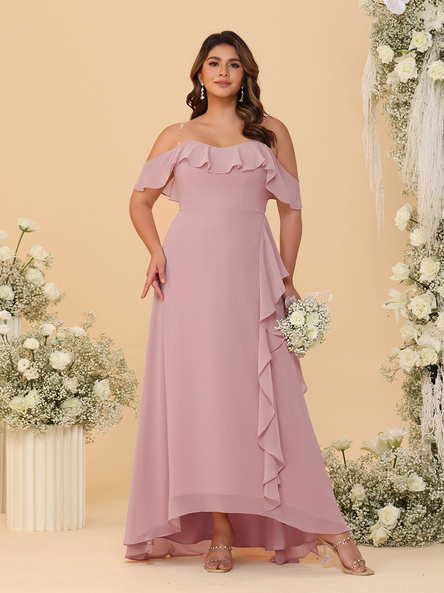 Nafori Blush Pink A-Line/Princess Off-the-Shoulder Plus Size Bridesmaid Dresses with Ruffles 2026