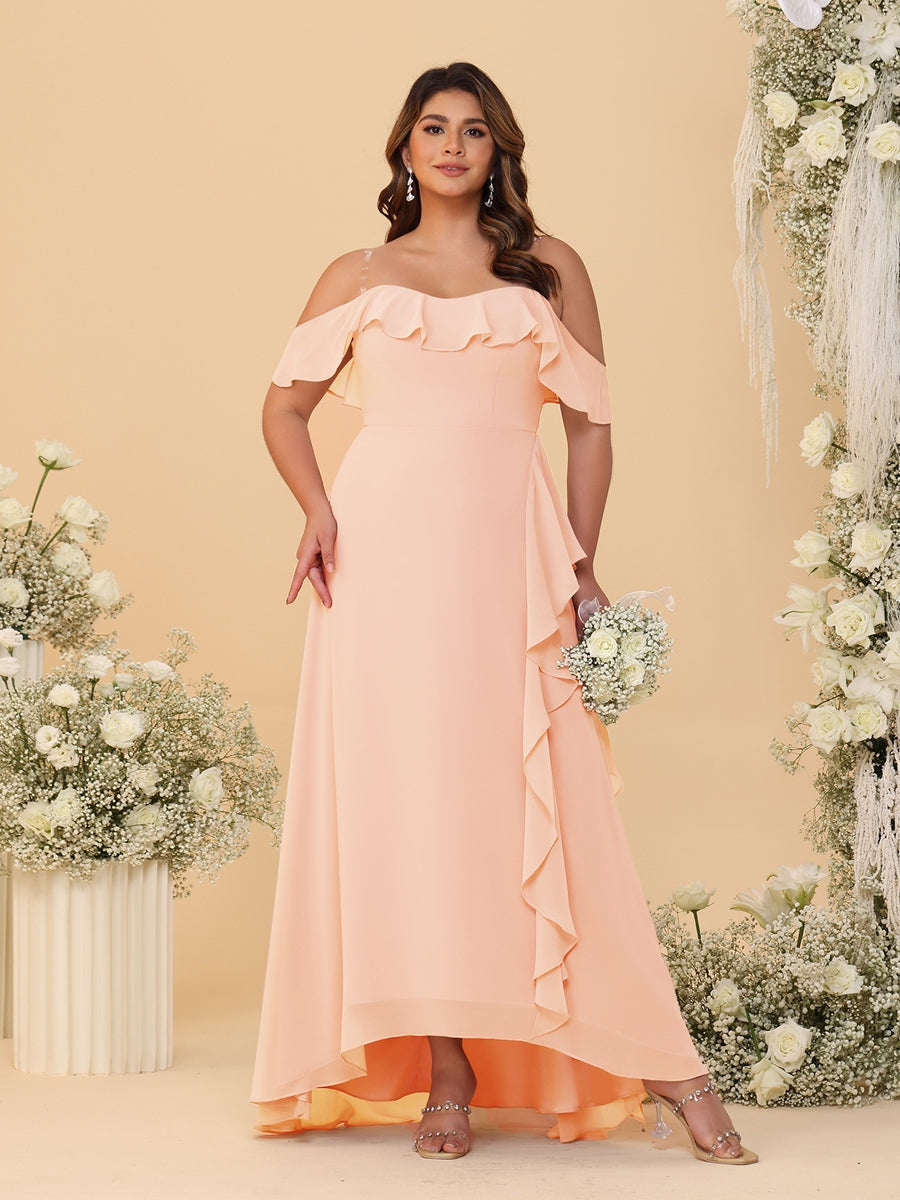 Nafori Blush Pink A-Line/Princess Off-the-Shoulder Plus Size Bridesmaid Dresses with Ruffles 2026