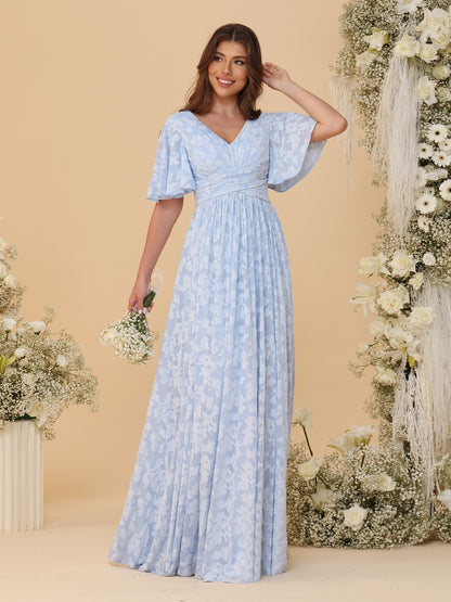 A-Line/Princess V-Neck Short Sleeves Long Bridesmaid Dresses
