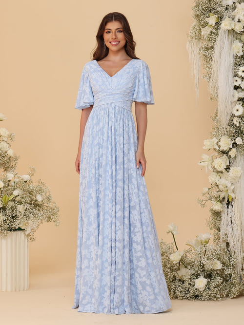 A-Line/Princess V-Neck Short Sleeves Long Bridesmaid Dresses