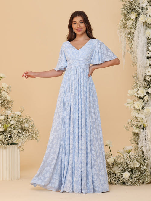 A-Line/Princess V-Neck Short Sleeves Long Bridesmaid Dresses