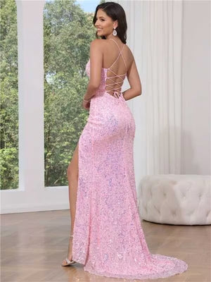 Sheath/Column Prom Dresses Sequins Spaghetti Straps V-Neck Floor-length Sleeveless