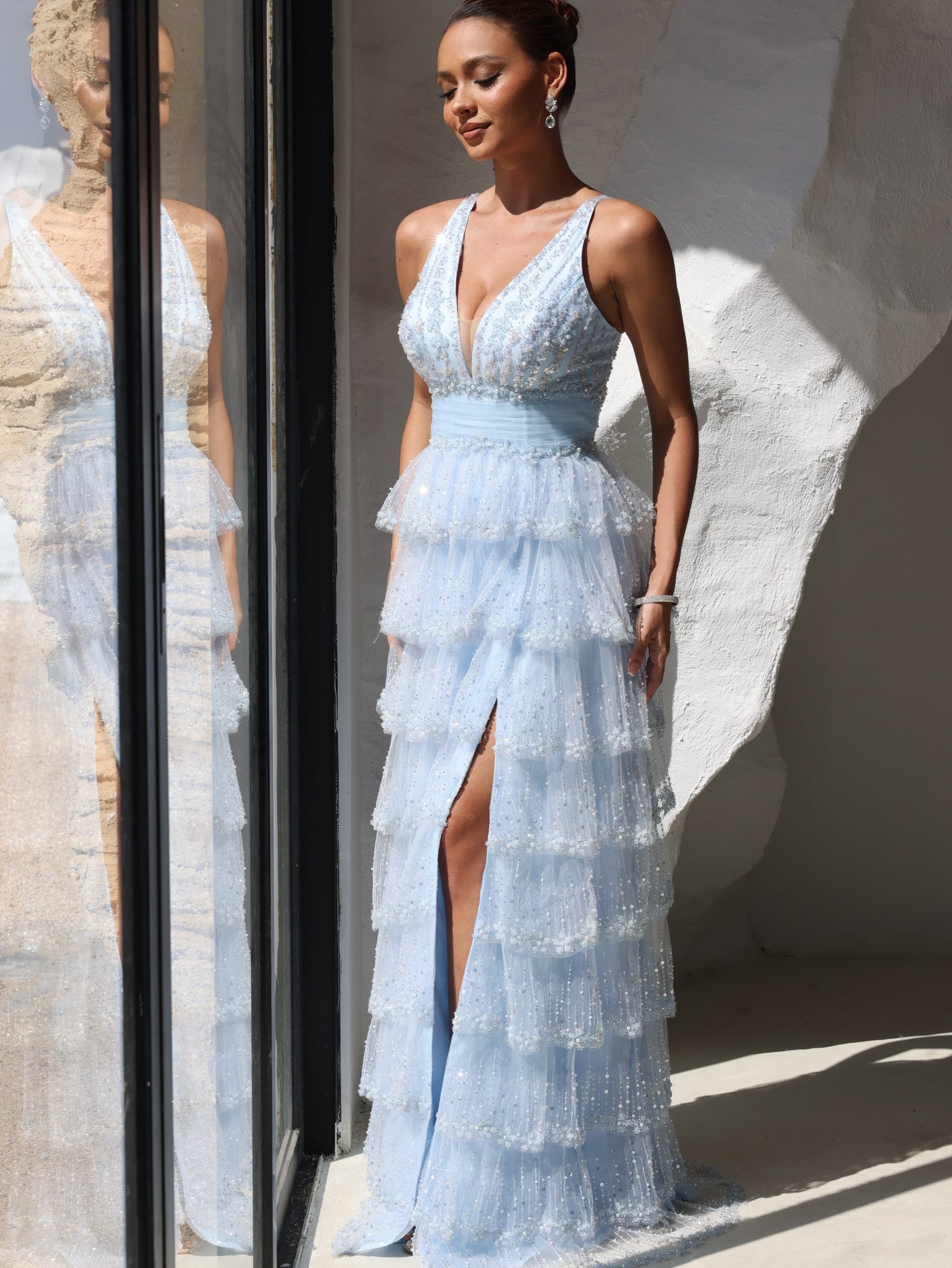 A-Line/Princess Prom Dress Short Sleeves V Neck Sequins Tulle Layered Formal Gowns Long Dresses With Split Side