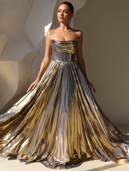 A-Line/Princess Evening Dress Strapless Formal Prom Long Pleated Dresses With Split Side