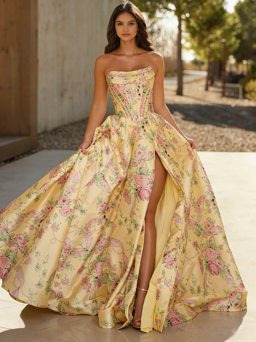 A-Line/Princess Floral Prom Dresses Basque Waist Corset Strapless Floor-Length Satin Dresses With Pocket High Split