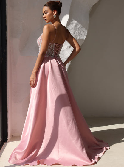 A Line Prom Dress Spaghetti Straps Formal Sequins Dresses Floor Length Satin Side Split Appliques