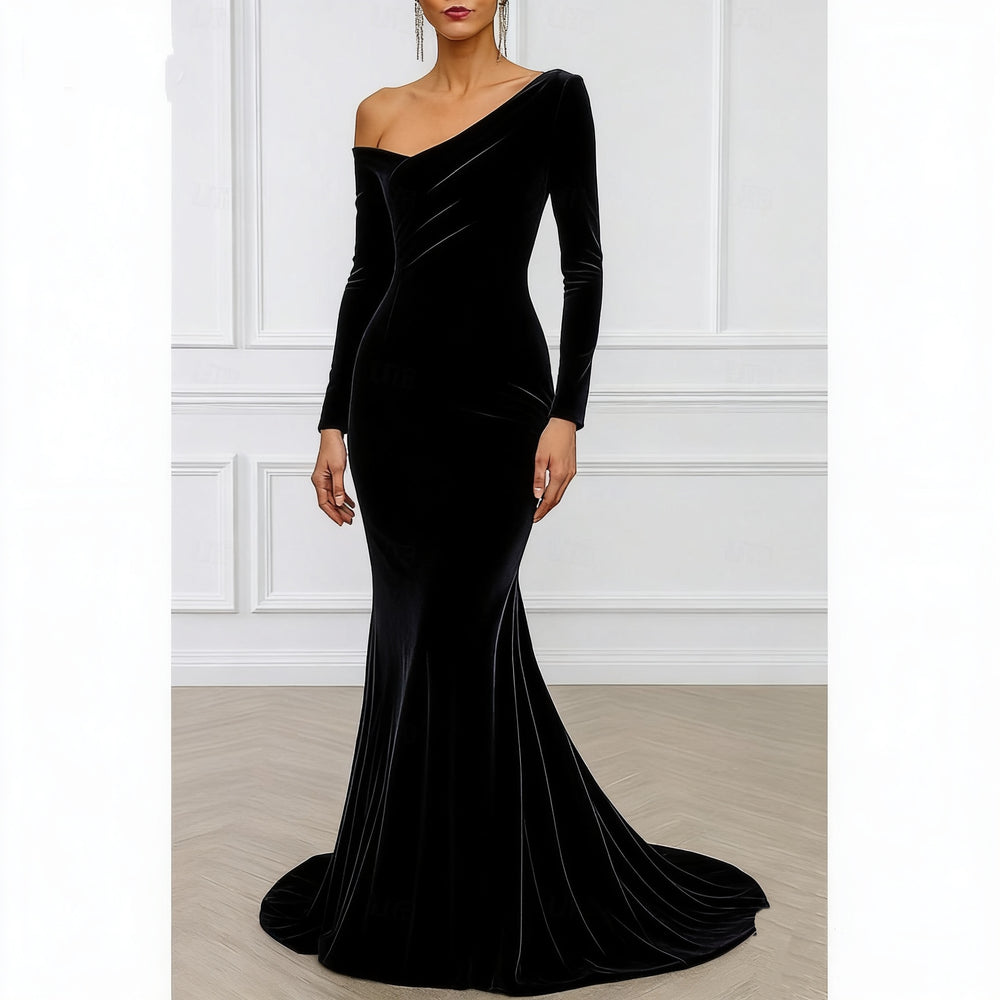 A Line Evening Dress Velvet Formal Black Tie Long Sleeves Elegant Floor Length Christmas Off Shoulder Ruched