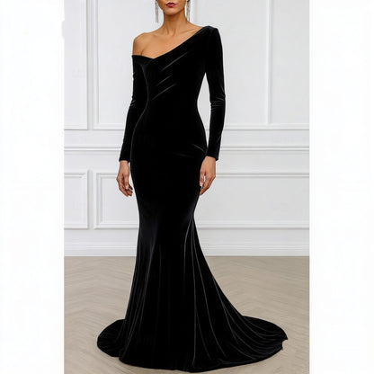 A Line Evening Dress Velvet Formal Black Tie Long Sleeves Elegant Floor Length Christmas Off Shoulder Ruched
