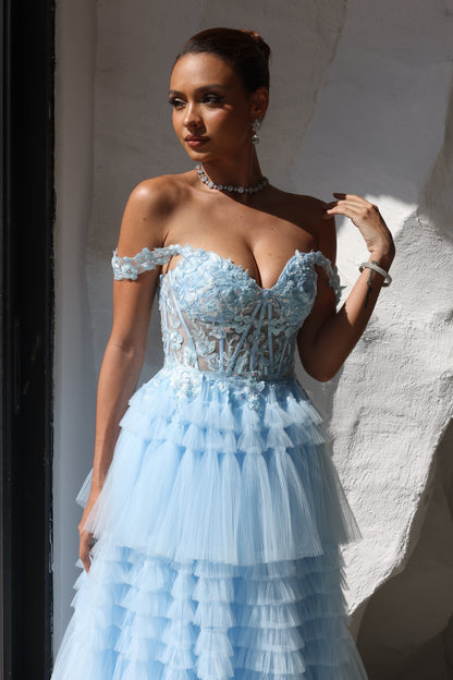 A-Line/Princess Prom Dress Short Sleeves Tulle Layered Formal Gowns Long Dresses With Split Side Appliques