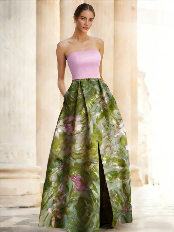 A-Line/Princesses Elegant Evening Dress Jacquard Floral Dress Strapless Elegant Dress Floor Length Pockets