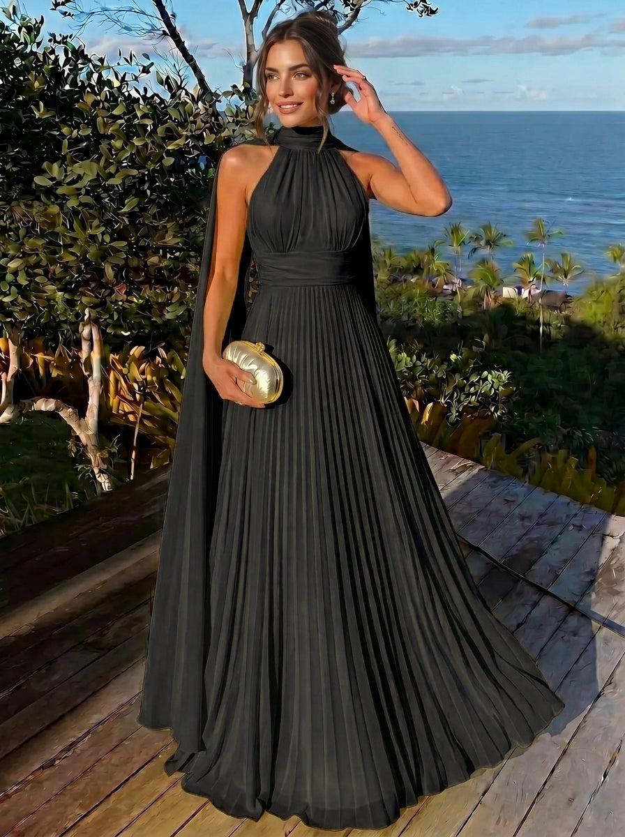A Line/Princesses Evening Dresses Ruched Grecian Style Chiffon Halter Neck Floor-Length Formal Dress Wedding Guest Summer Dress