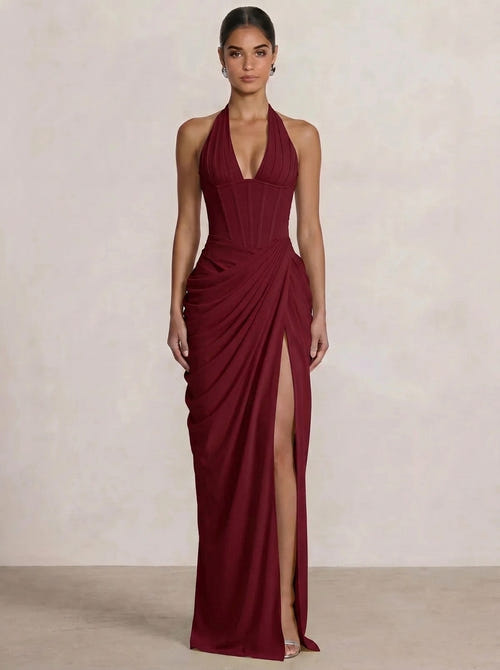 Mermaid Evening Dresses Chiffon Halter Neck Ruched Formal Dresses Split Side Wedding Guest