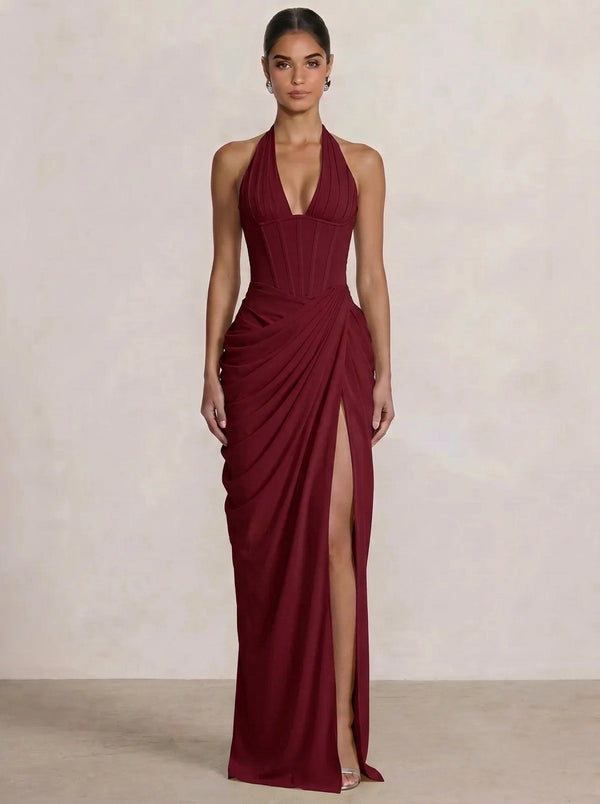 Mermaid Evening Dresses Chiffon Halter Neck Ruched Formal Dresses Split Side Wedding Guest