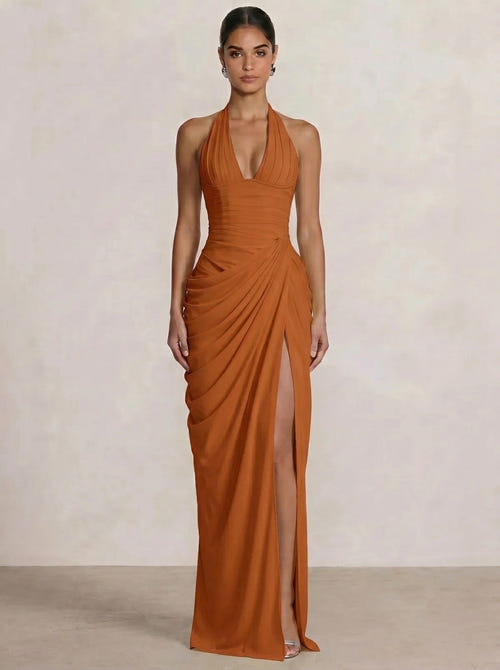 Mermaid Evening Dresses Chiffon Halter Neck Ruched Formal Dresses Split Side Wedding Guest