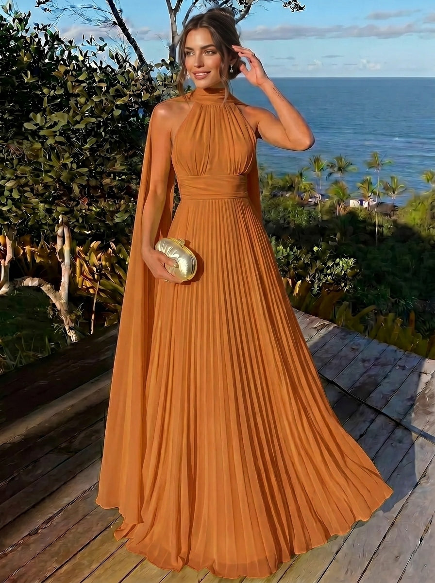 A Line/Princesses Evening Dresses Ruched Grecian Style Chiffon Halter Neck Floor-Length Formal Dress Wedding Guest Summer Dress