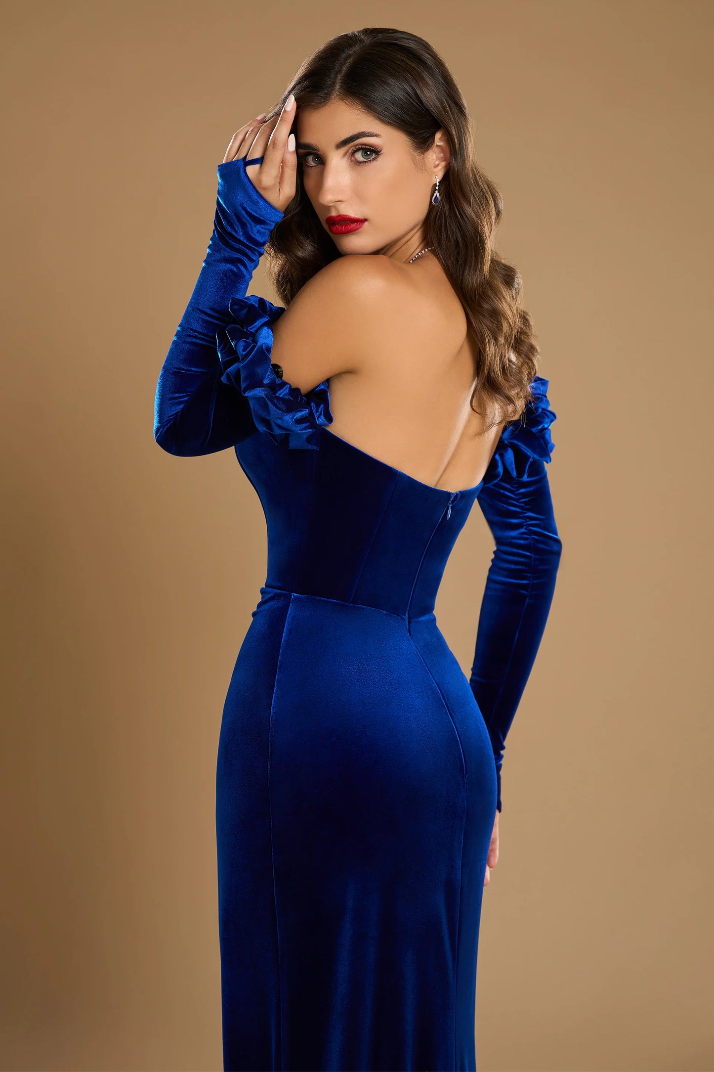 Sheath/Column Strapless Sleeveless Evening Dresses with Ruffles,Rhinestone & High Split