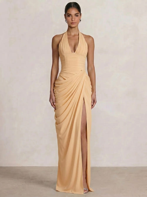 Mermaid Evening Dresses Chiffon Halter Neck Ruched Formal Dresses Split Side Wedding Guest