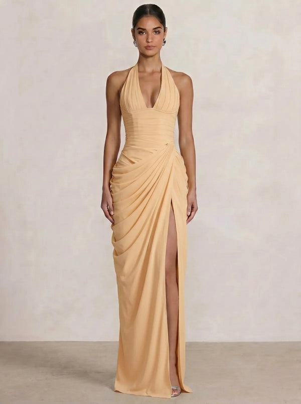 Mermaid Evening Dresses Chiffon Halter Neck Ruched Formal Dresses Split Side Wedding Guest