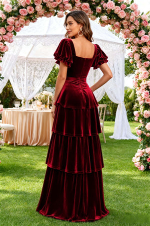 A Line/Princess Velvet Square Neck&Sweetheart Short Sleeves Floor-Length Wedding Guest Dress With Ruffles