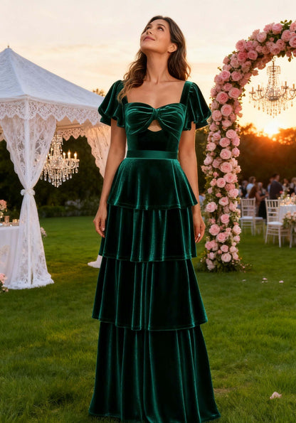 A Line/Princess Velvet Square Neck&Sweetheart Short Sleeves Floor-Length Wedding Guest Dress With Ruffles
