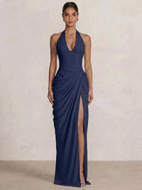 Mermaid Evening Dresses Chiffon Halter Neck Ruched Formal Dresses Split Side Wedding Guest