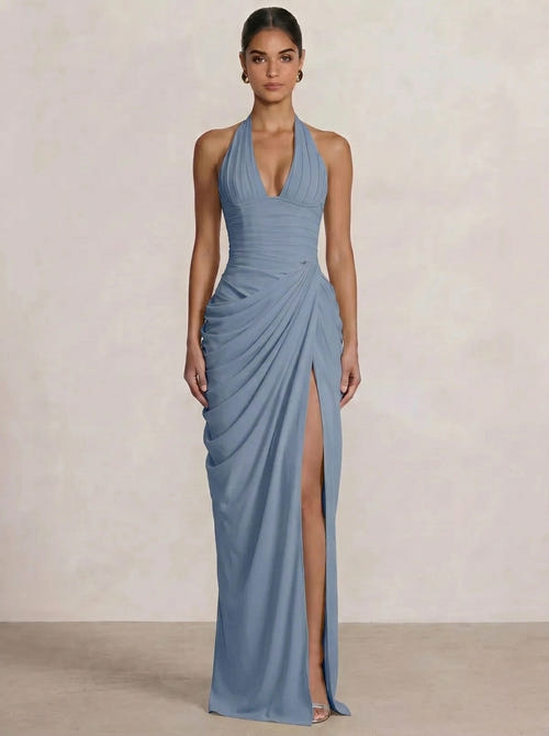 Mermaid Evening Dresses Chiffon Halter Neck Ruched Formal Dresses Split Side Wedding Guest