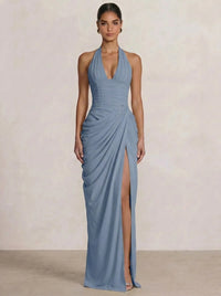 Mermaid Evening Dresses Chiffon Halter Neck Ruched Formal Dresses Split Side Wedding Guest