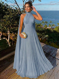 A Line/Princesses Evening Dresses Ruched Grecian Style Chiffon Halter Neck Floor-Length Formal Dress Wedding Guest Summer Dress