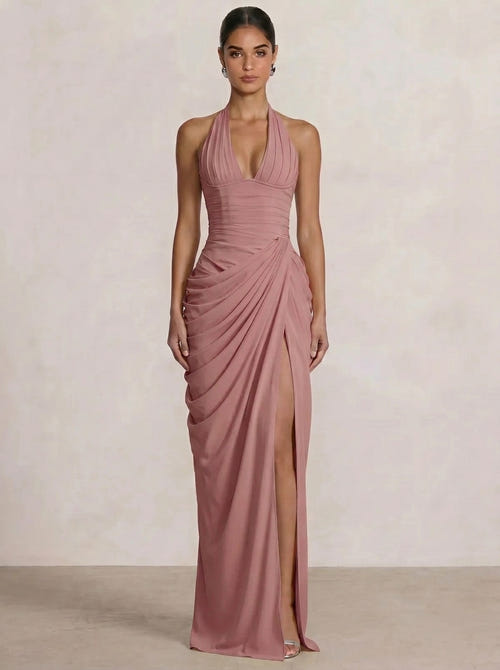 Mermaid Evening Dresses Chiffon Halter Neck Ruched Formal Dresses Split Side Wedding Guest