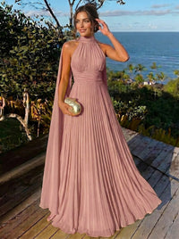 A Line/Princesses Evening Dresses Ruched Grecian Style Chiffon Halter Neck Floor-Length Formal Dress Wedding Guest Summer Dress