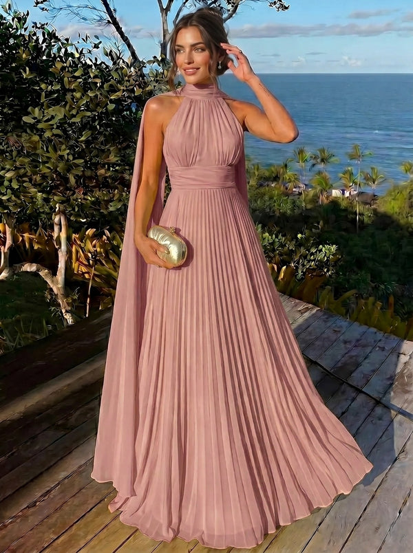 A Line/Princesses Evening Dresses Ruched Grecian Style Chiffon Halter Neck Floor-Length Formal Dress Wedding Guest Summer Dress