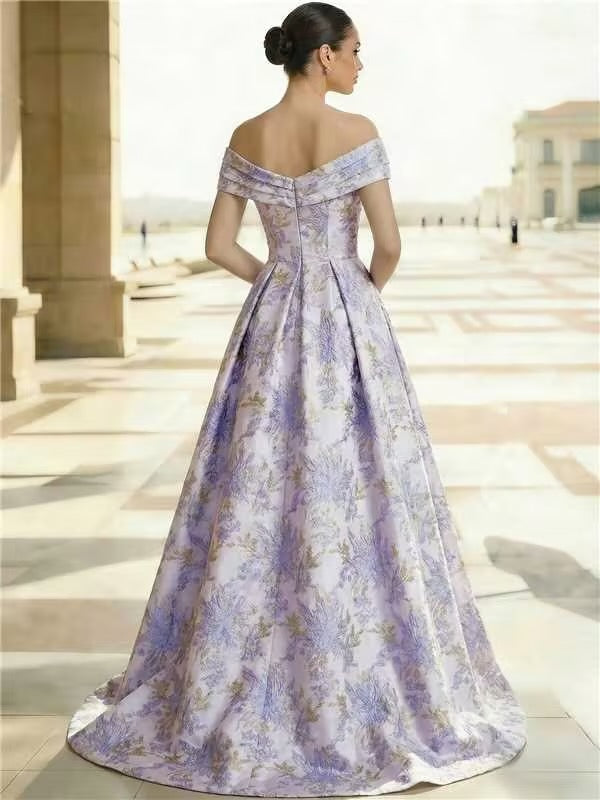 A Line/Princesses Evening Gown Elegant Floral Jacquard Evening Dress Satin Off the Shoulder Floor-Length Formal Dress With Overskirt