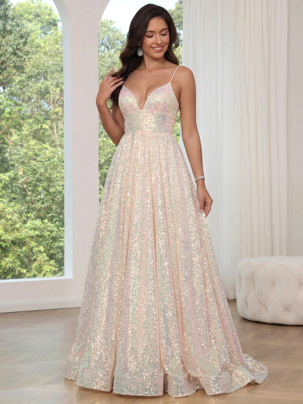 A-Line/PrincessSparkle Sequin Prom Dress Spaghetti Straps Long Formal Dresses