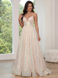 A-Line/PrincessSparkle Sequin Prom Dress Spaghetti Straps Long Formal Dresses