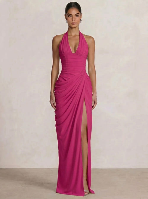 Mermaid Evening Dresses Chiffon Halter Neck Ruched Formal Dresses Split Side Wedding Guest