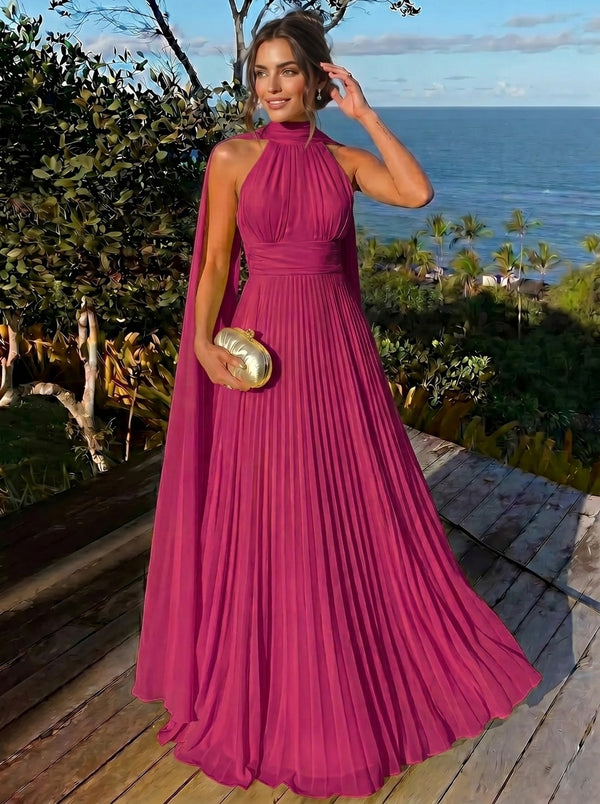 A Line/Princesses Evening Dresses Ruched Grecian Style Chiffon Halter Neck Floor-Length Formal Dress Wedding Guest Summer Dress