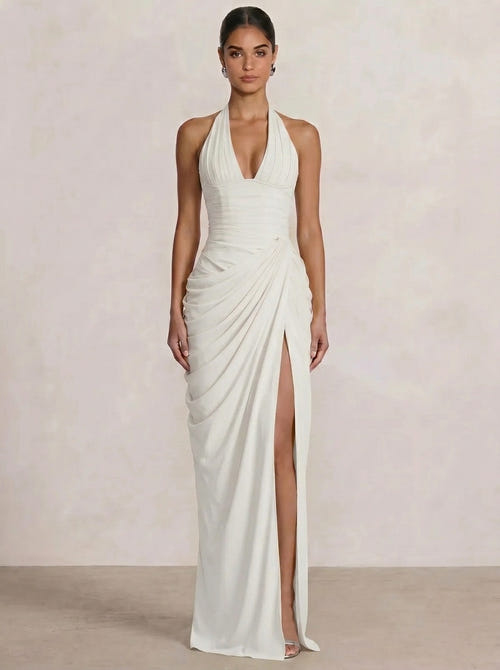Mermaid Evening Dresses Chiffon Halter Neck Ruched Formal Dresses Split Side Wedding Guest