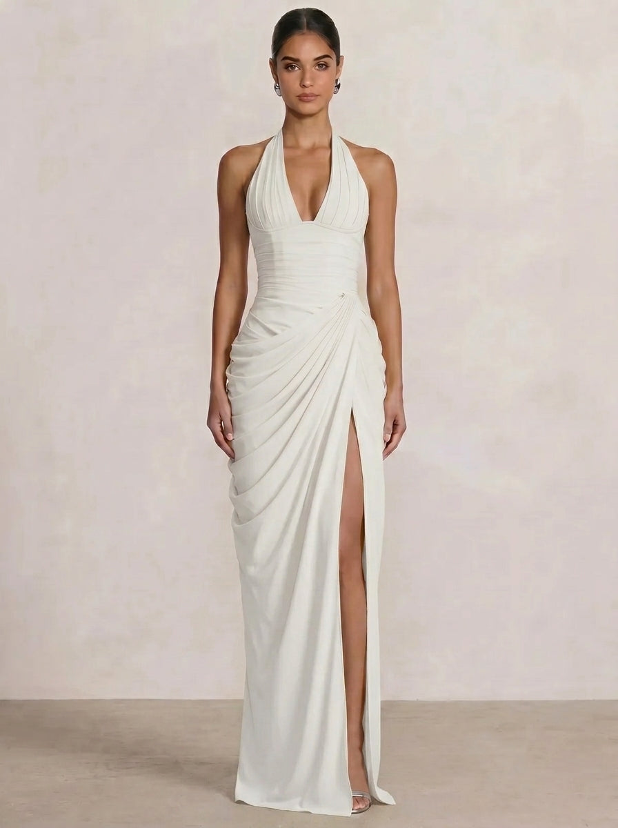 Mermaid Evening Dresses Chiffon Halter Neck Ruched Formal Dresses Split Side Wedding Guest