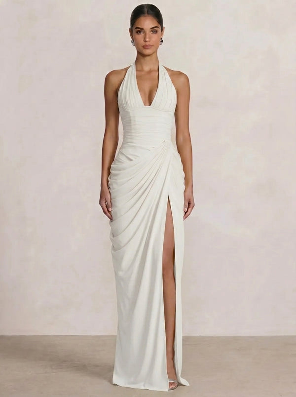 Mermaid Evening Dresses Chiffon Halter Neck Ruched Formal Dresses Split Side Wedding Guest