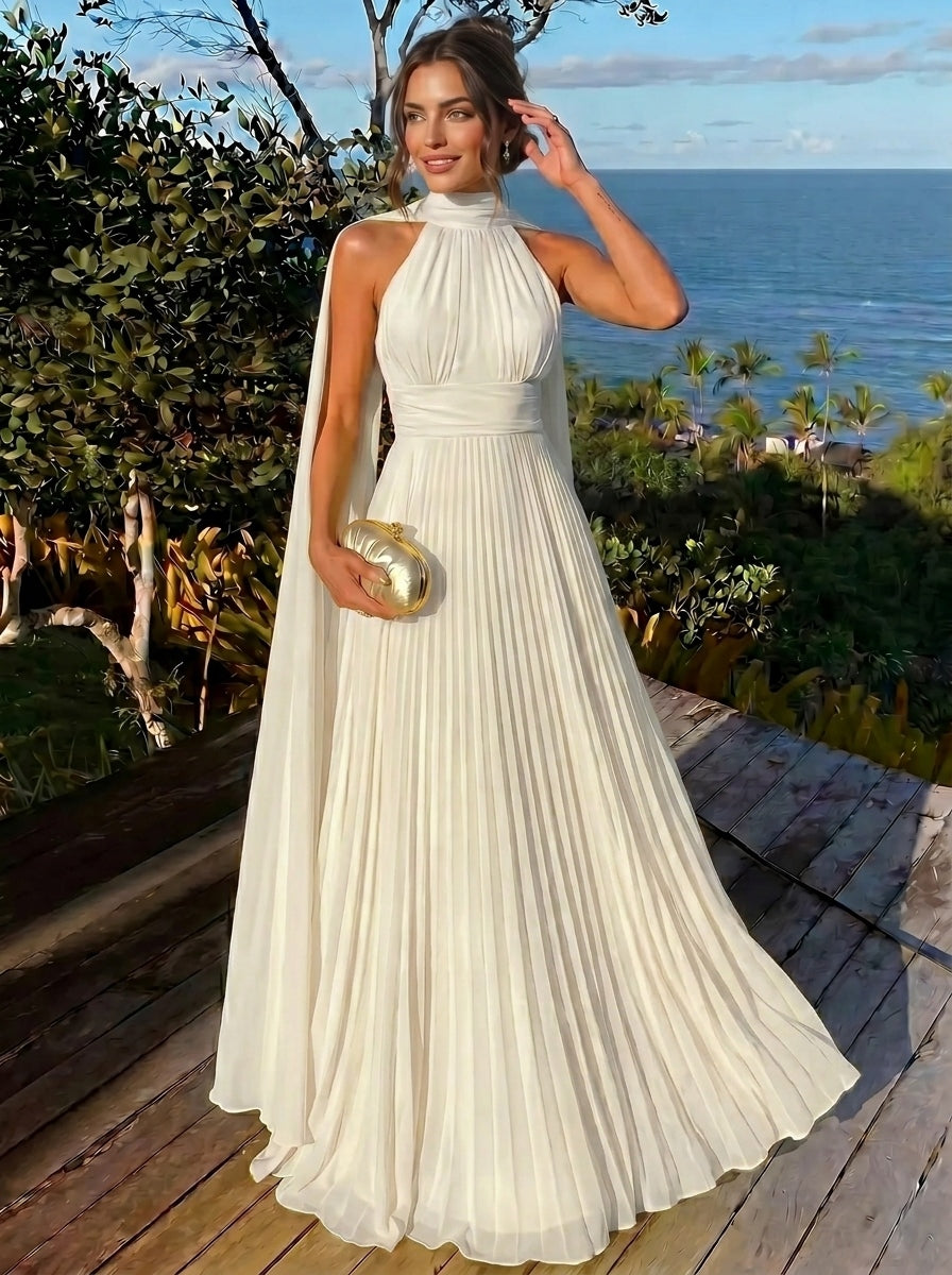 Nafori Ivory A Line/Princesses Evening Dresses Ruched Grecian Style Chiffon Pleated Halter Neck Floor-Length Formal Dress Wedding Guest Summer Dress
