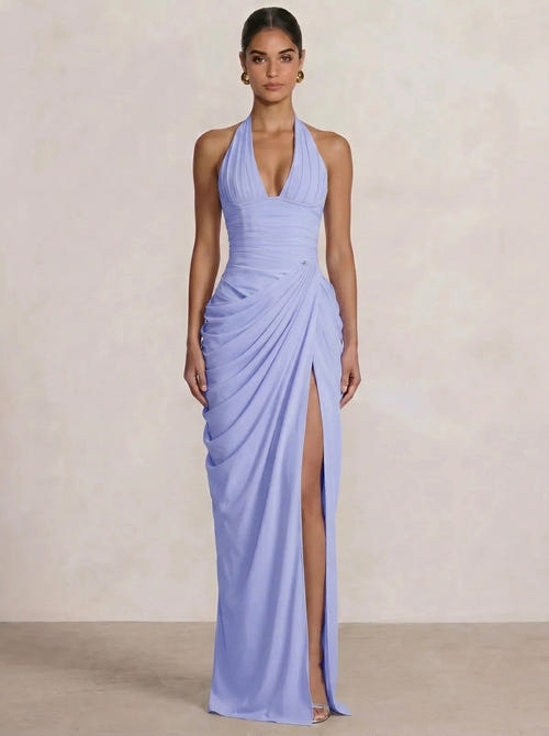 Mermaid Evening Dresses Chiffon Halter Neck Ruched Formal Dresses Split Side Wedding Guest