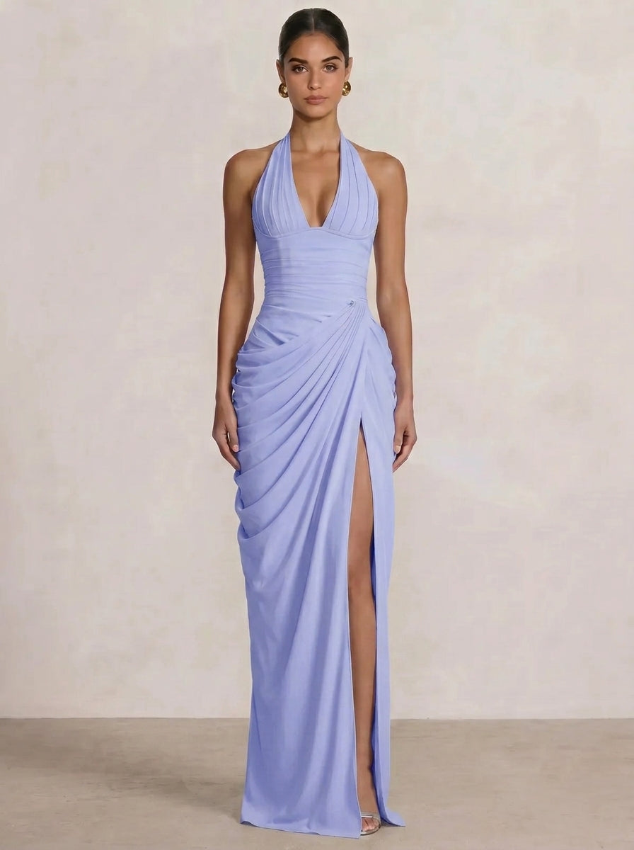 Mermaid Evening Dresses Chiffon Halter Neck Ruched Formal Dresses Split Side Wedding Guest