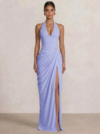 Mermaid Evening Dresses Chiffon Halter Neck Ruched Formal Dresses Split Side Wedding Guest
