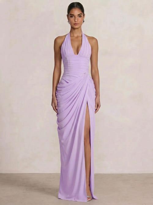 Mermaid Evening Dresses Chiffon Halter Neck Ruched Formal Dresses Split Side Wedding Guest