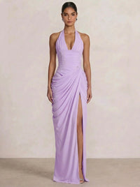 Mermaid Evening Dresses Chiffon Halter Neck Ruched Formal Dresses Split Side Wedding Guest