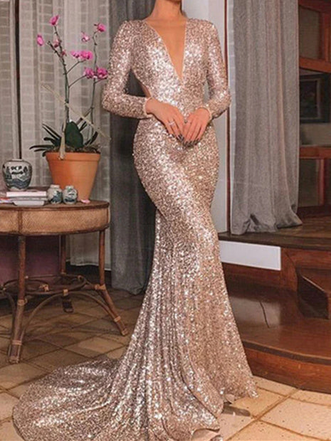 Women's Trumpet/Mermaid Sequin V-neck Sweep/Brush Train Long Evening Dresses